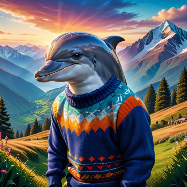 Photo of a dolphin in a sweater in the mountains