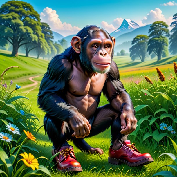 Pic of a chimpanzee in a shoes in the meadow