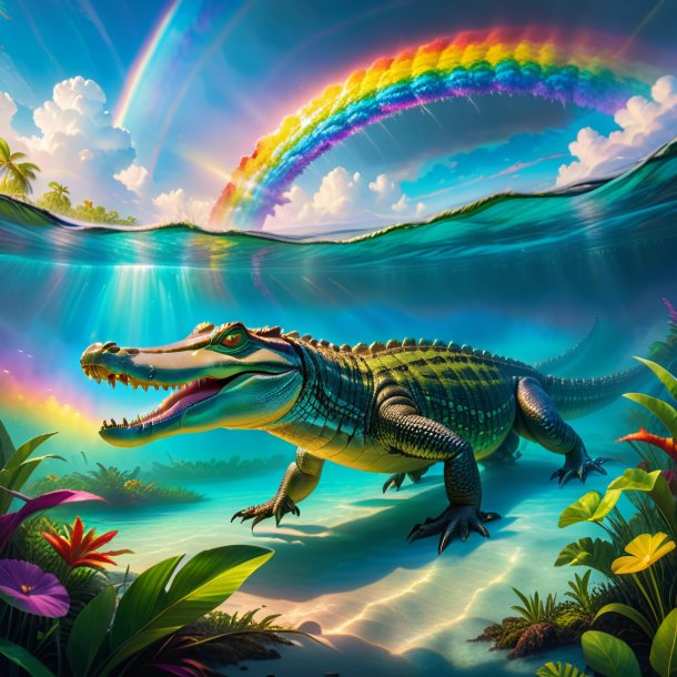 Picture of a swimming of a alligator on the rainbow