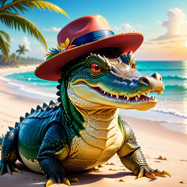 Illustration of a alligator in a hat on the beach