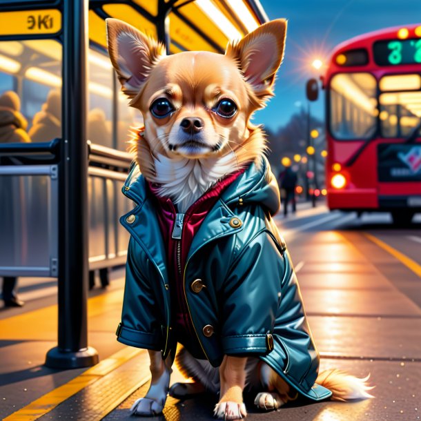 Drawing of a chihuahua in a coat on the bus stop