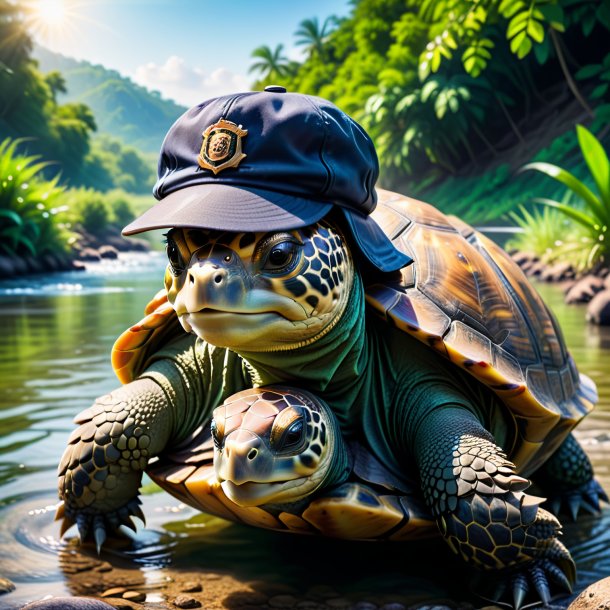 Photo of a tortoise in a cap in the river