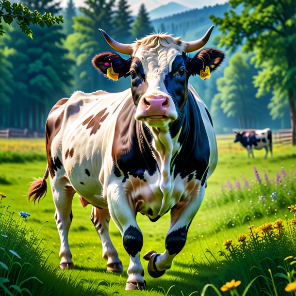 Image of a dancing of a cow in the meadow