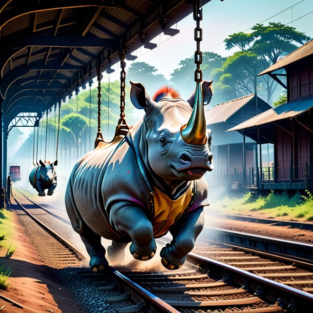 Pic of a swinging on a swing of a rhinoceros on the railway tracks