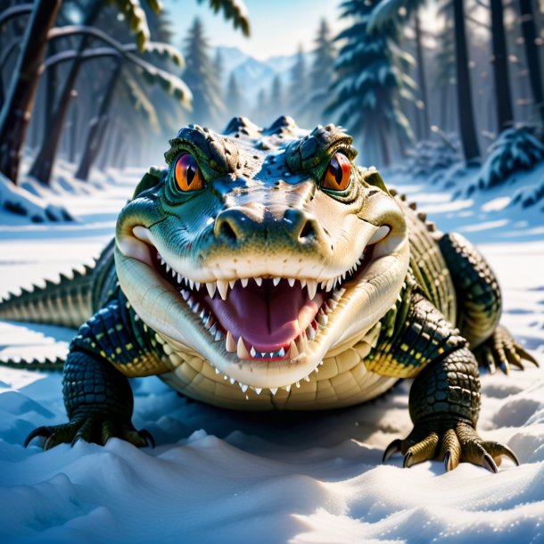 Image of a smiling of a crocodile in the snow