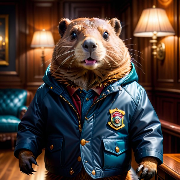 Image of a beaver in a jacket in the house