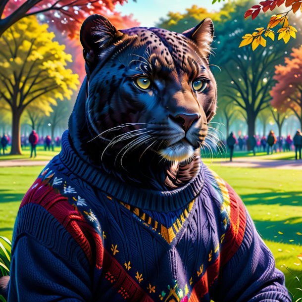 Drawing of a panther in a sweater in the park