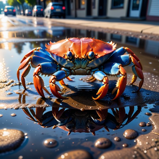 Image of a crab in a jeans in the puddle