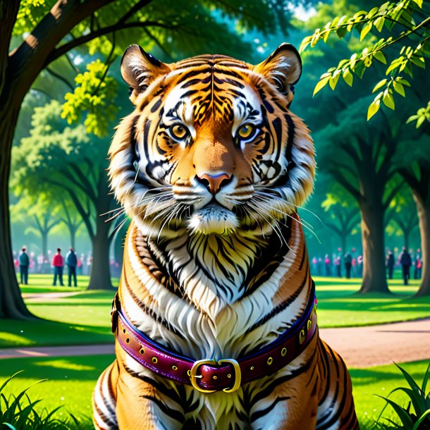 Image of a tiger in a belt in the park