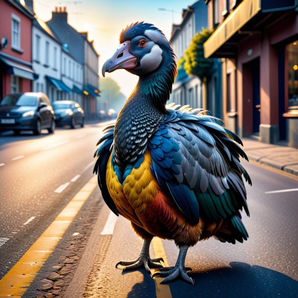 Image of a dodo in a coat on the road