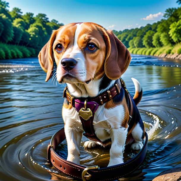 Imagem de um beagle em um cinto no rio