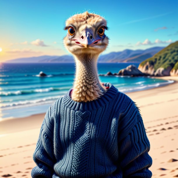 Illustration of a ostrich in a sweater on the beach