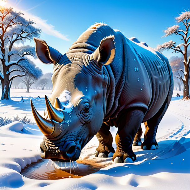 Picture of a drinking of a rhinoceros in the snow