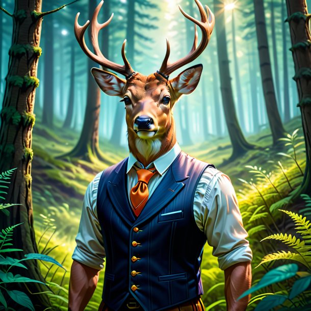 Illustration of a deer in a vest in the forest