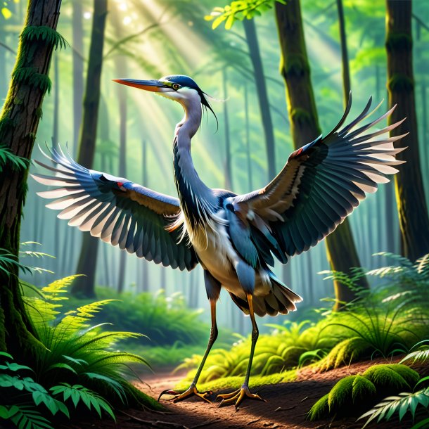 Pic of a dancing of a heron in the forest