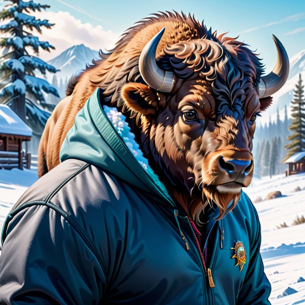 Desenho de um bisonte em um capuz na neve