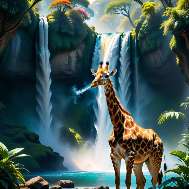 Picture of a smoking of a giraffe in the waterfall