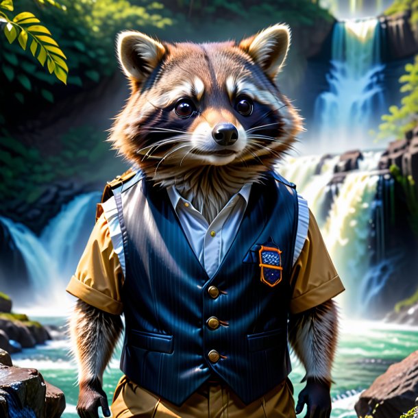 Pic of a raccoon in a vest in the waterfall