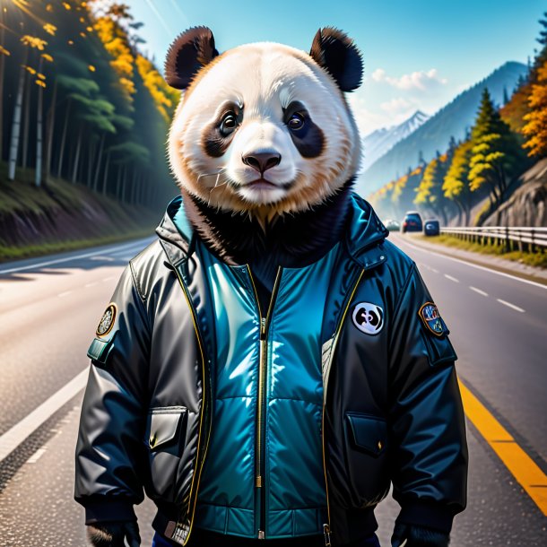 Picture of a giant panda in a jacket on the road