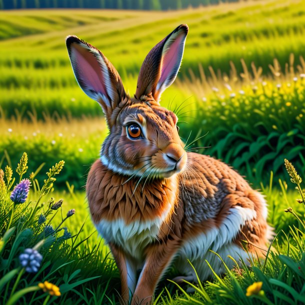 Photo d'une attente d'un lièvre dans la prairie