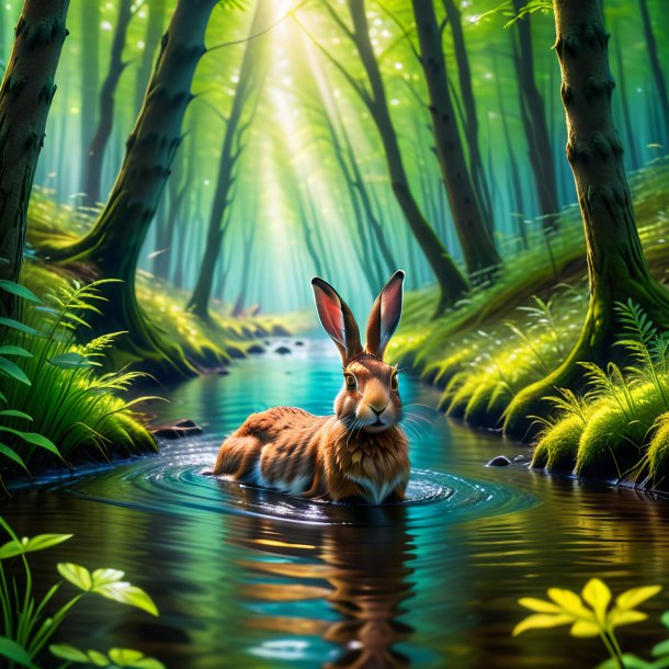 Picture of a swimming of a hare in the forest