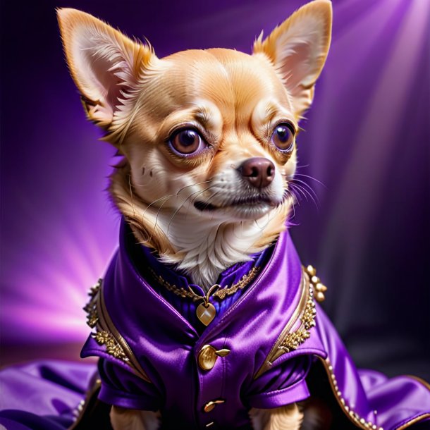 Foto de um chihuahua em um casaco roxo