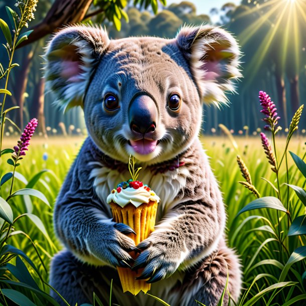 Imagen de un comer de un koala en el prado