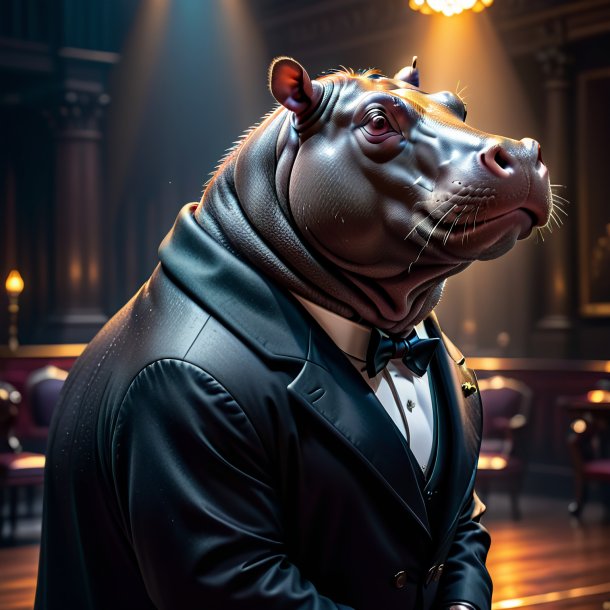 Image d'un hippopotame dans un manteau noir