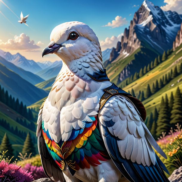 Illustration of a dove in a vest in the mountains