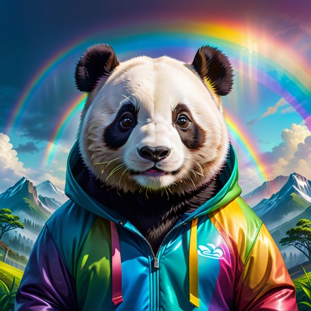 Illustration of a giant panda in a hoodie on the rainbow