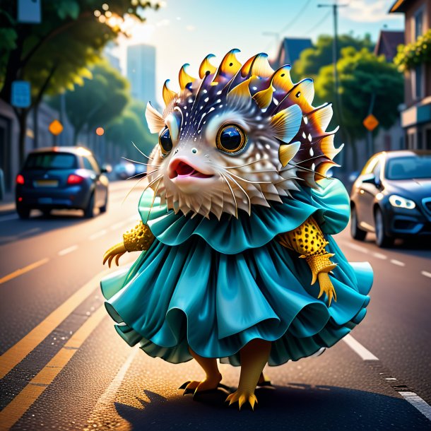 Illustration of a pufferfish in a dress on the road