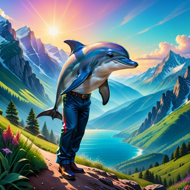 Drawing of a dolphin in a trousers in the mountains