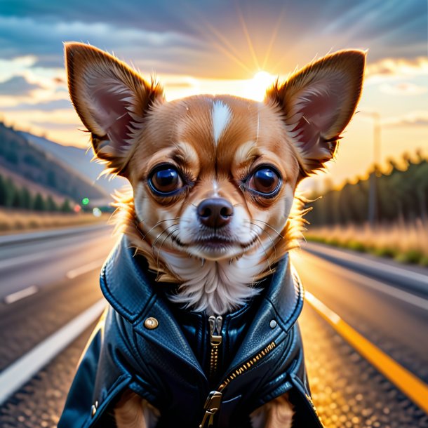 Foto de un chihuahua en un abrigo en la carretera