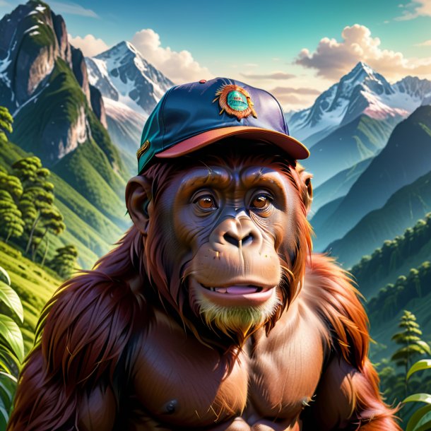 Illustration of a orangutan in a cap in the mountains