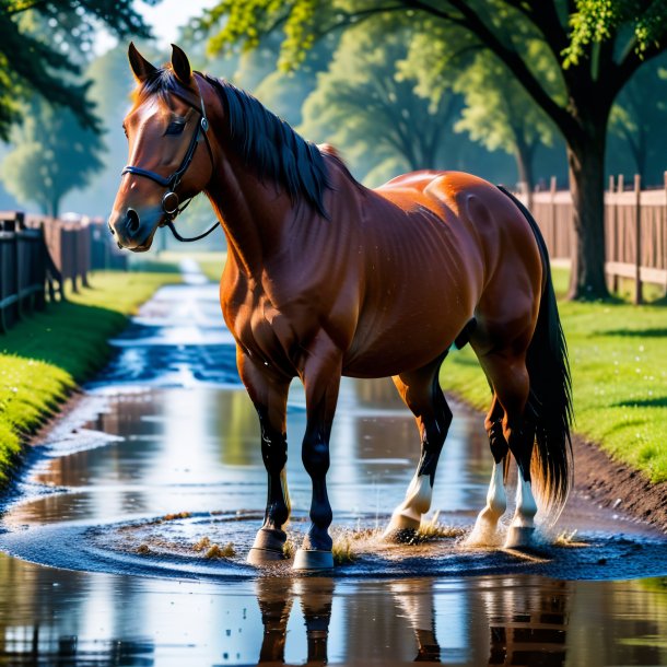 Photo of a horse in a coat in the puddle