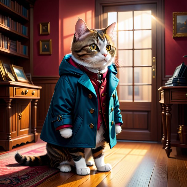 Illustration of a cat in a coat in the house