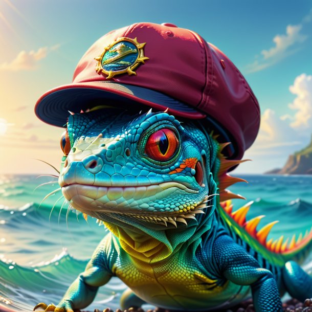 Ilustración de un lagarto en una gorra en el mar