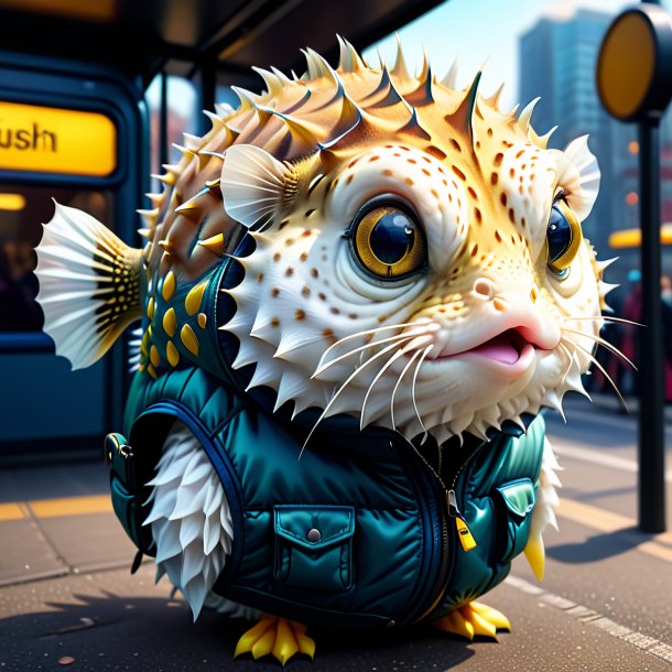 Illustration of a pufferfish in a vest on the bus stop