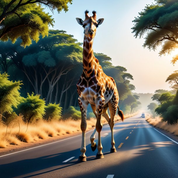 Picture of a jumping of a giraffe on the road