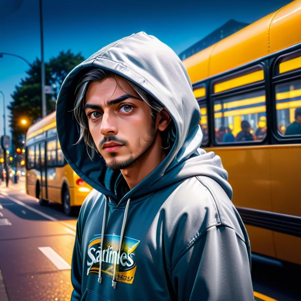 Foto de uma sardinha em um hoodie no ponto de ônibus