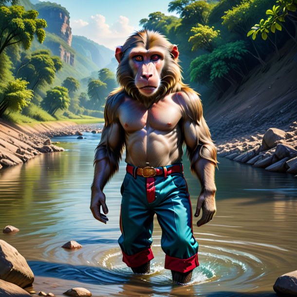 Illustration of a baboon in a trousers in the river