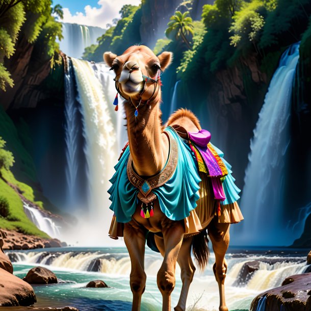 Photo of a camel in a skirt in the waterfall