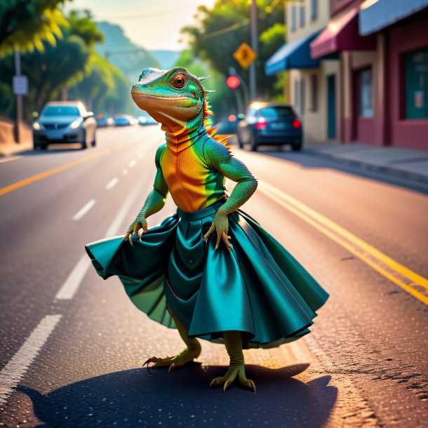 Image of a lizard in a skirt on the road