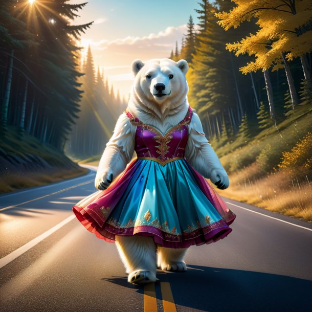 Ilustração de um urso polar em um vestido na estrada