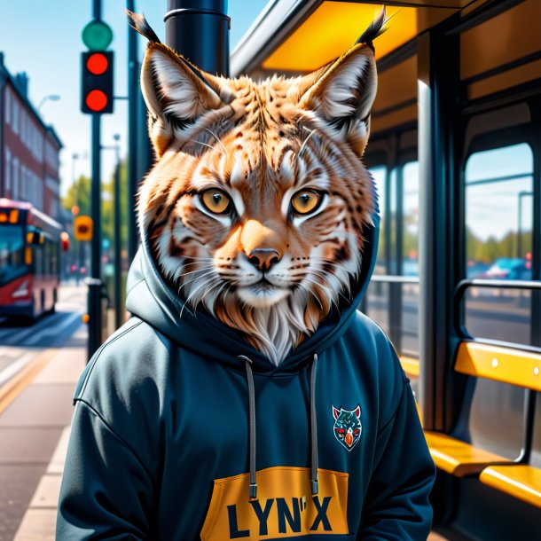 Foto de um lince em um hoodie no ponto de ônibus