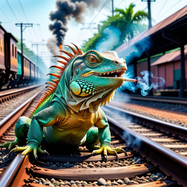 Image of a smoking of a iguana on the railway tracks