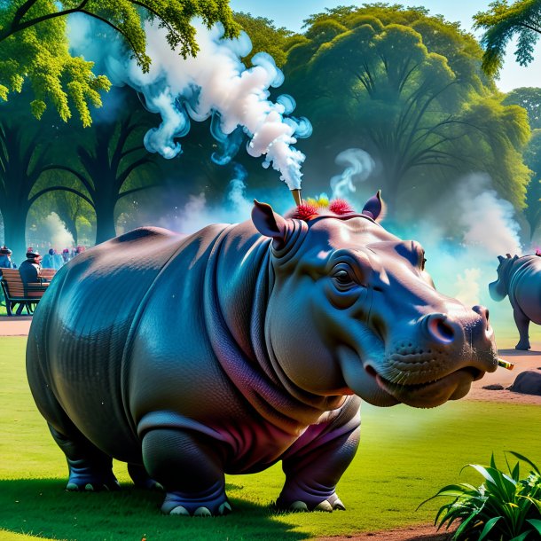 Image of a smoking of a hippopotamus in the park