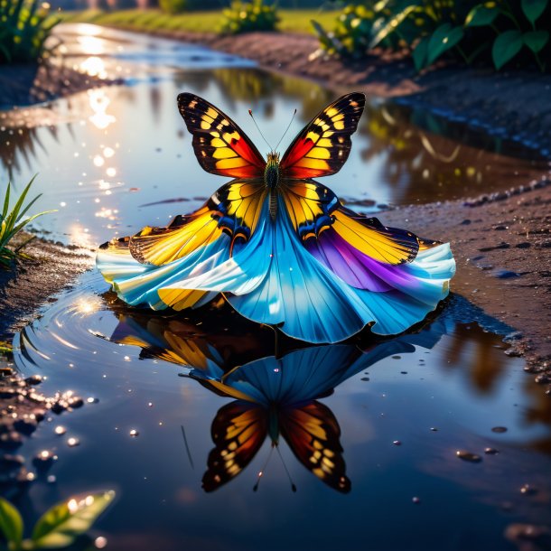 Foto de uma borboleta em um vestido na poça