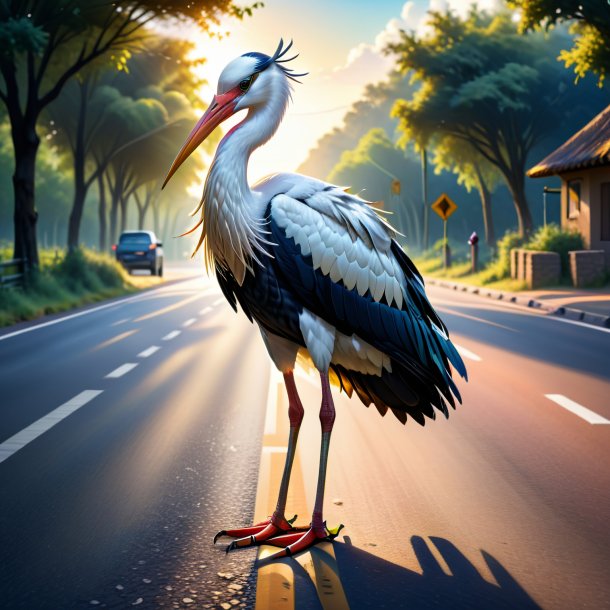 Illustration d'une cigogne dans une jupe sur la route