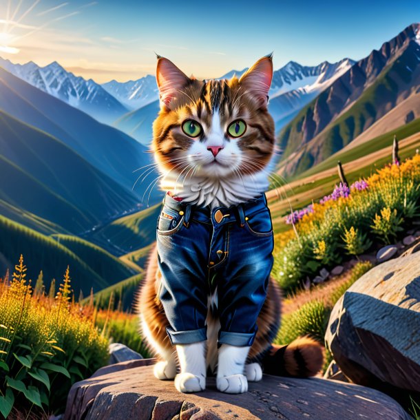 Photo of a cat in a jeans in the mountains